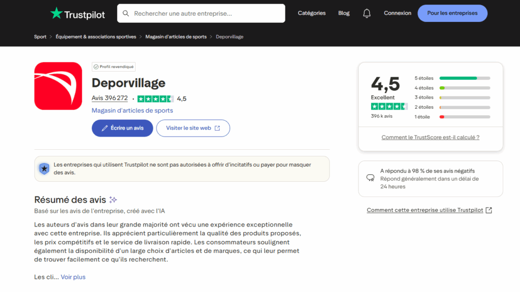 Avis trustpilot de Deporvillage