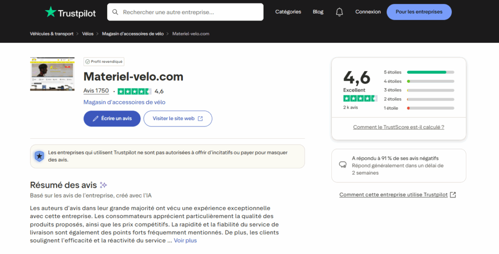avis trustpilot materiel velo
