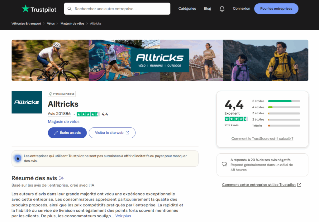 Notation avis clients Alltricks sur Trustpilot